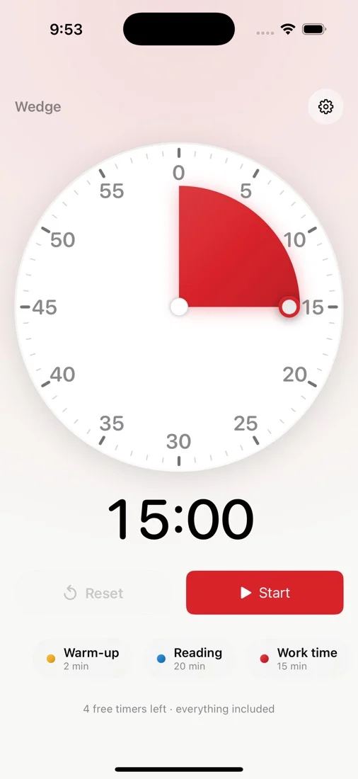Wedge Timer set to fifteen minutes, a red wedge filling a quarter of the dial above a 15:00 readout.